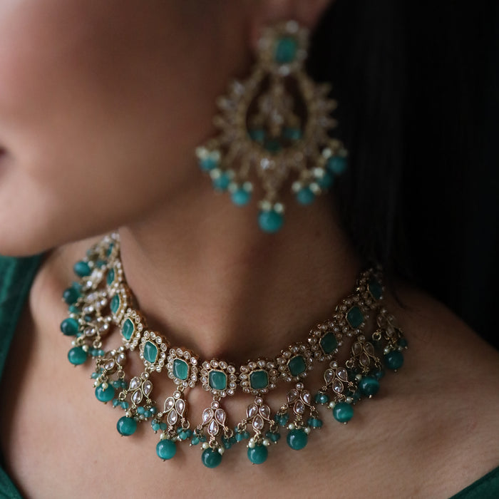 Trendy green bead choker necklace with earrings and tikka 134512