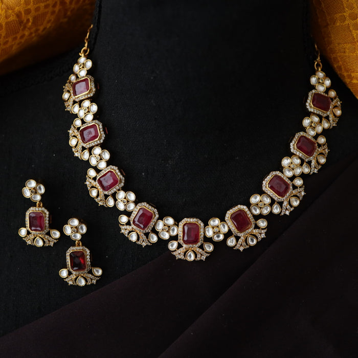 Antique ruby white stone short necklace with earrings 988895