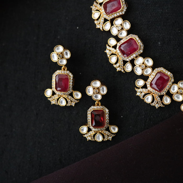 Antique ruby white stone short necklace with earrings 988895