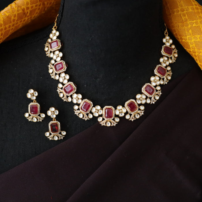 Antique ruby white stone short necklace with earrings 988895