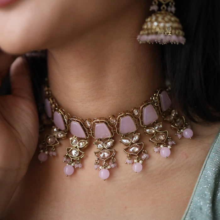 Trendy pink bead choker necklace with earrings and tikka 134512