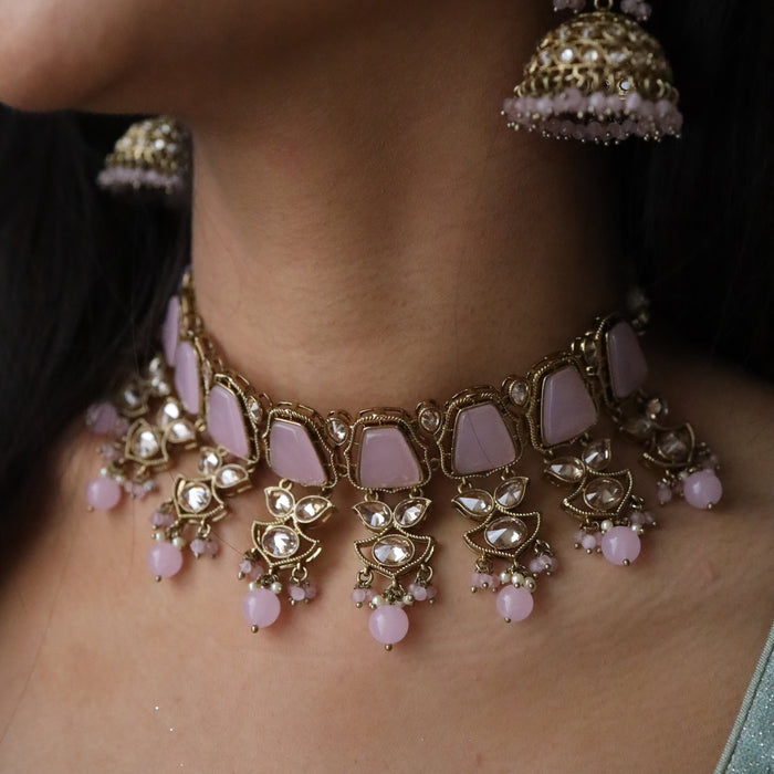 Trendy pink bead choker necklace with earrings and tikka 134512