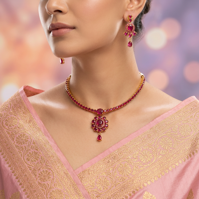 Heritage ruby stone short necklace with earrings TH1031