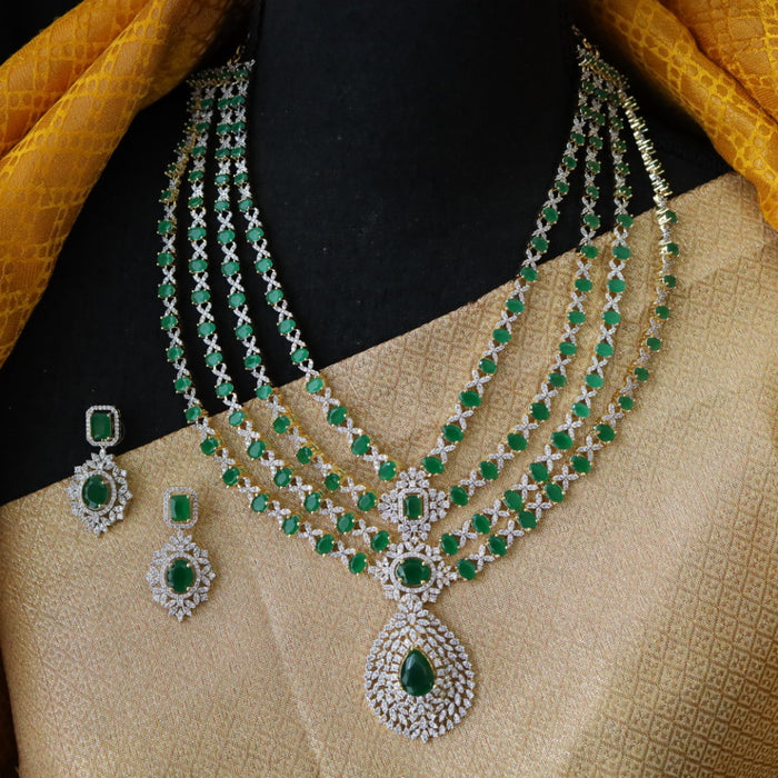 Cz stone green stone layer long necklace with earrings 988815