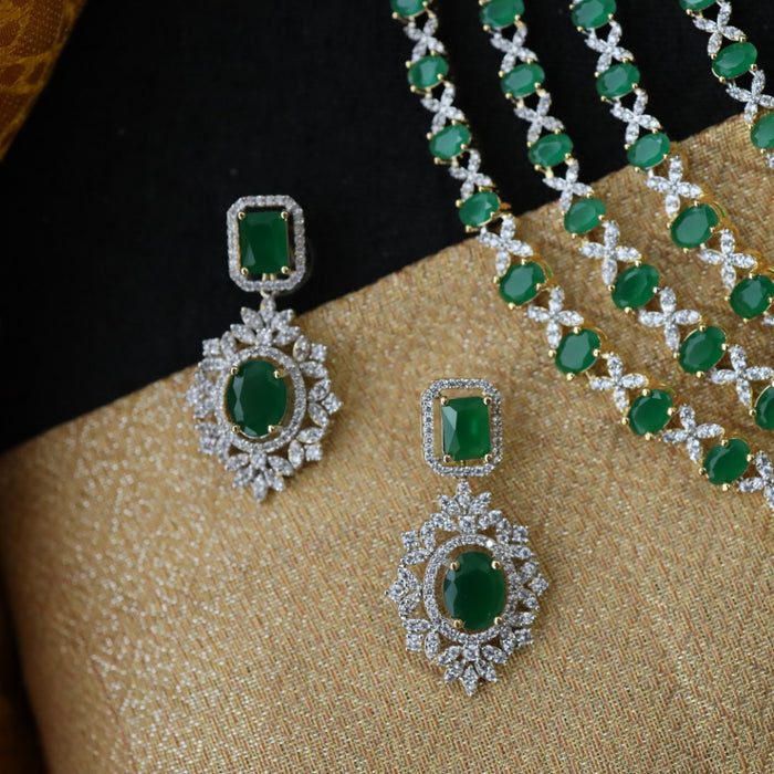 Cz stone green stone layer long necklace with earrings 988815