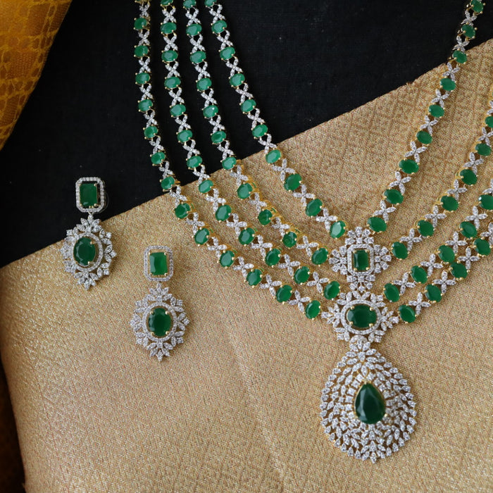 Cz stone green stone layer long necklace with earrings 988815