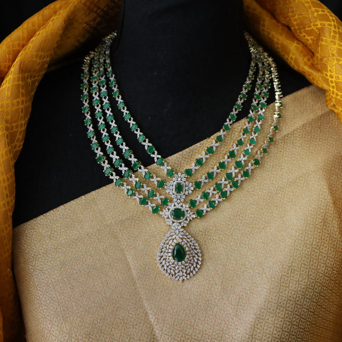 Cz stone green stone layer long necklace with earrings 988815