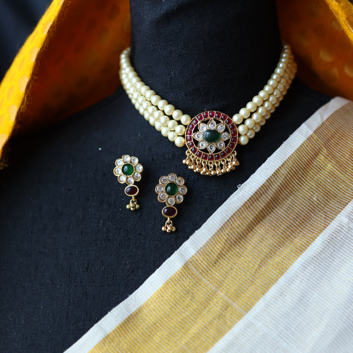 Padmini antique green stone choker necklace with earrings and tikka PAD2345