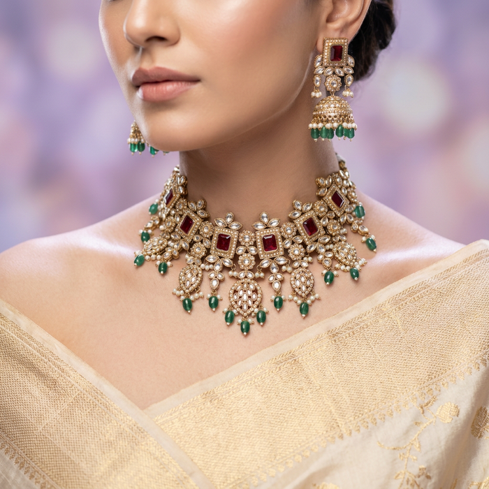 Trendy green stone short necklace with earrings TG002