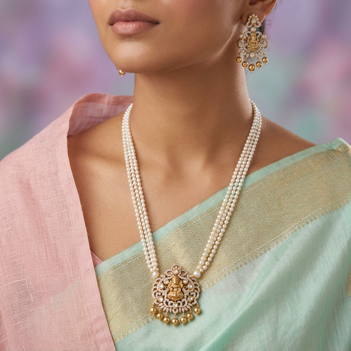 Padmini Antique pearl temple long necklace and earrings 46634