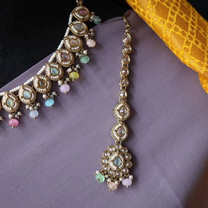 Trendy multi bead short necklace with earrings and tikka 1485344