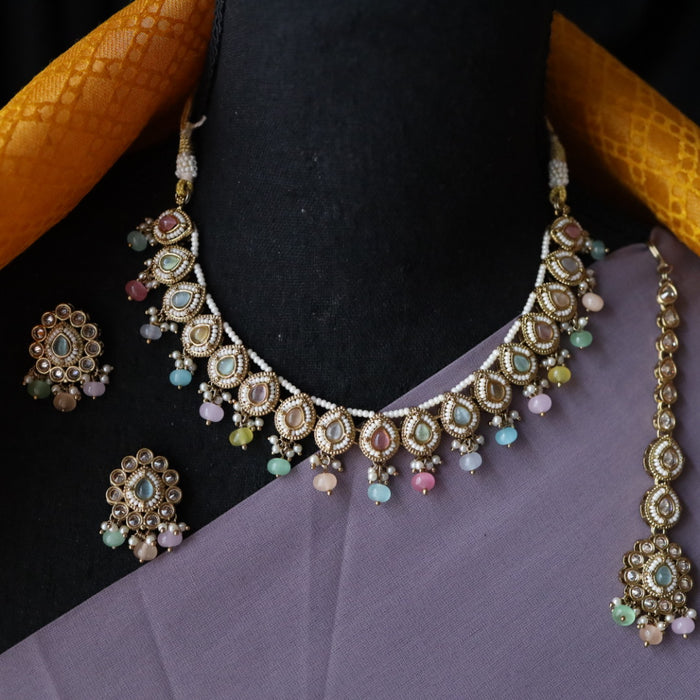 Trendy multi bead short necklace with earrings and tikka 1485344