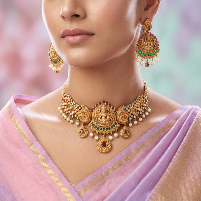 Antique temple design choker necklace and earrings CCB2375
