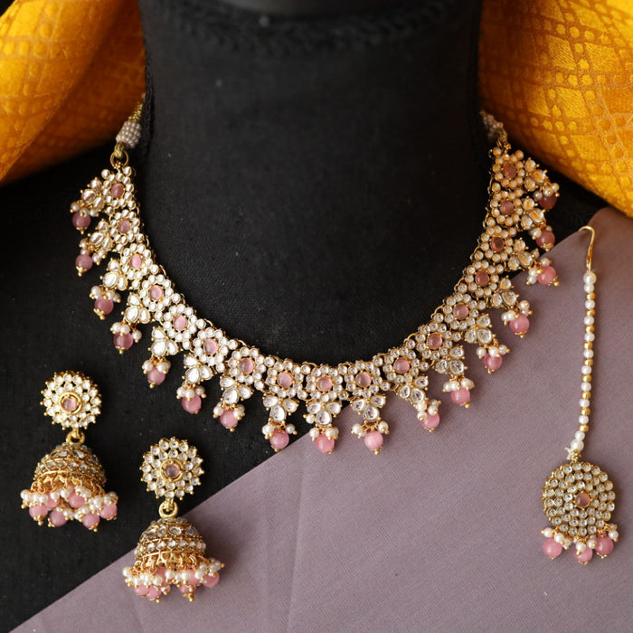 Heera pink bead short necklace with earrings and tikka 1485445