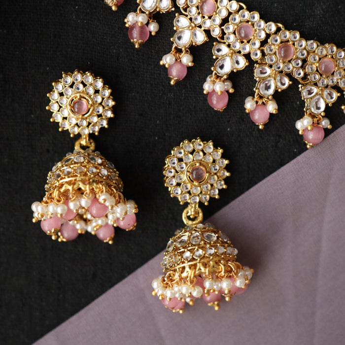 Heera pink bead short necklace with earrings and tikka 1485445