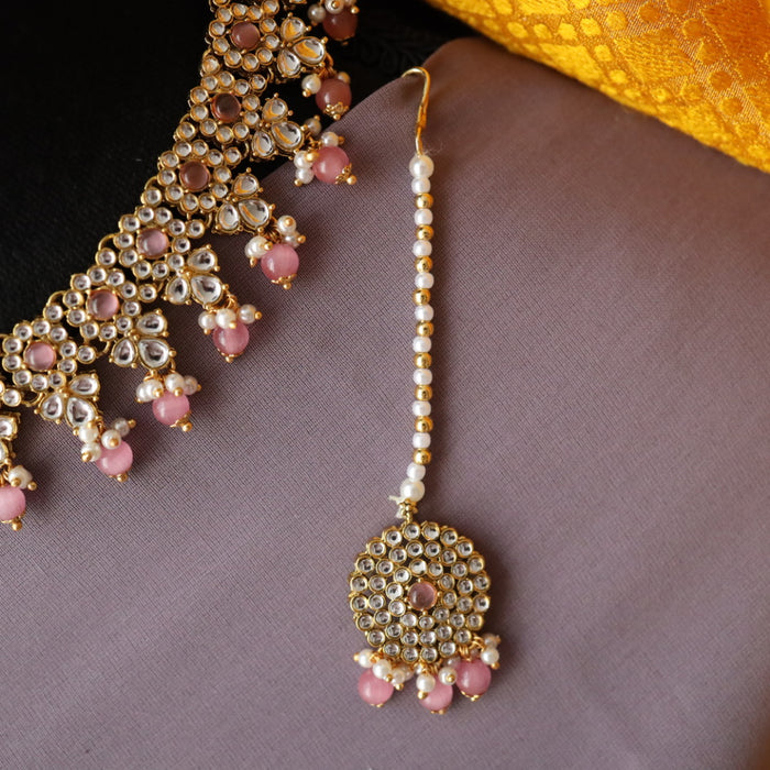 Heera pink bead short necklace with earrings and tikka 1485445