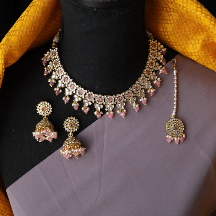 Heera pink bead short necklace with earrings and tikka 1485445