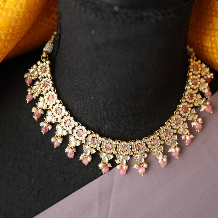 Heera pink bead short necklace with earrings and tikka 1485445