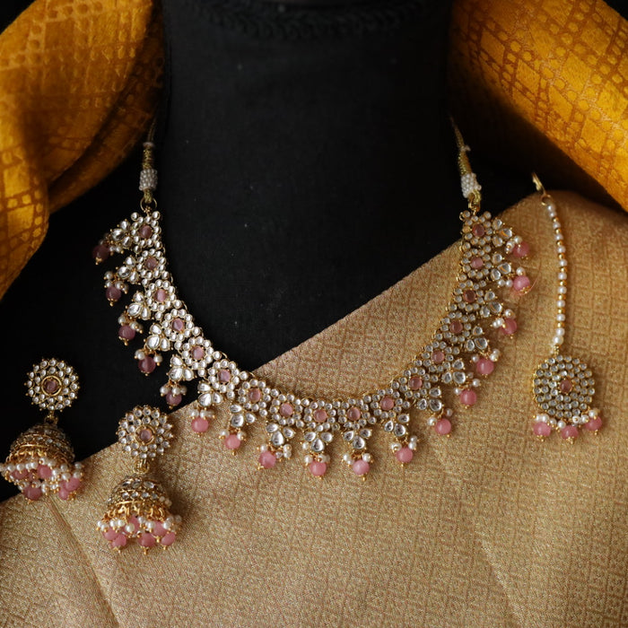 Heera pink bead short necklace with earrings and tikka 1485445