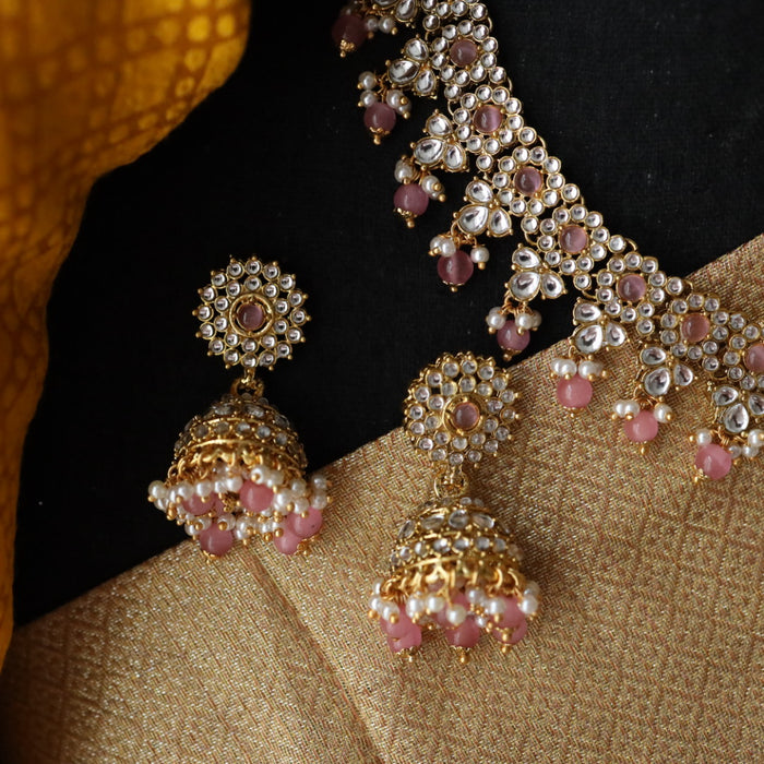 Heera pink bead short necklace with earrings and tikka 1485445