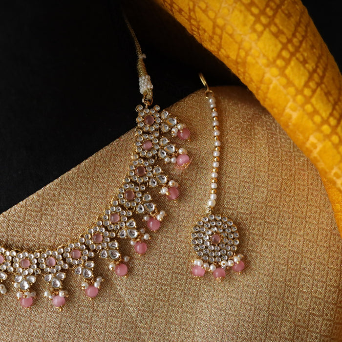 Heera pink bead short necklace with earrings and tikka 1485445