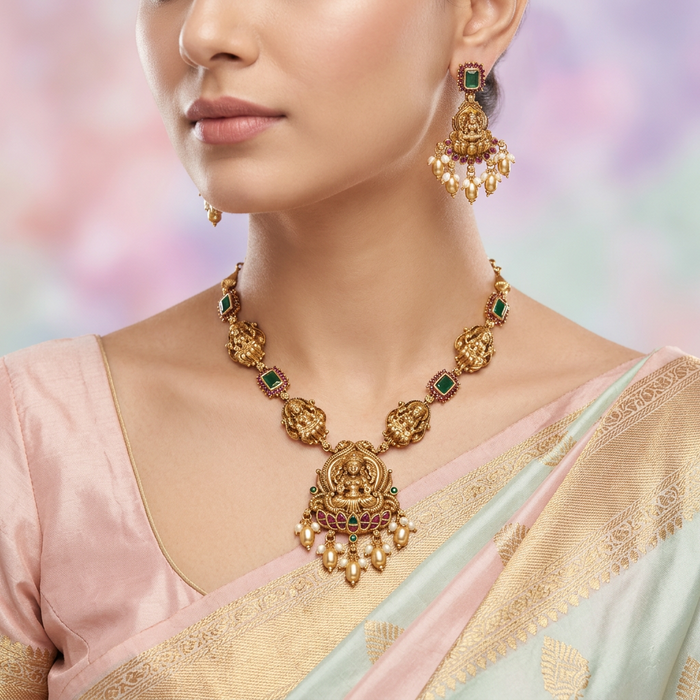 Antique temple design short necklace and earrings 4663732
