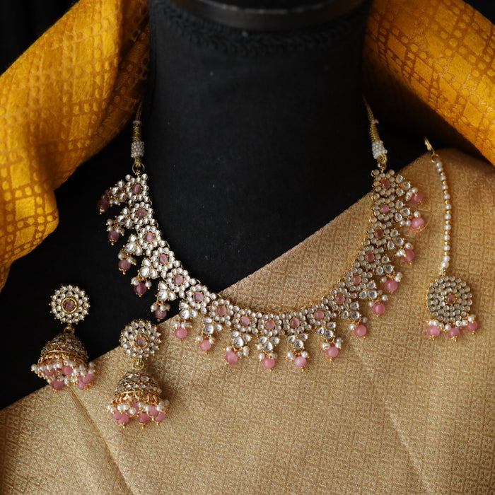 Heera pink bead short necklace with earrings and tikka 1485445