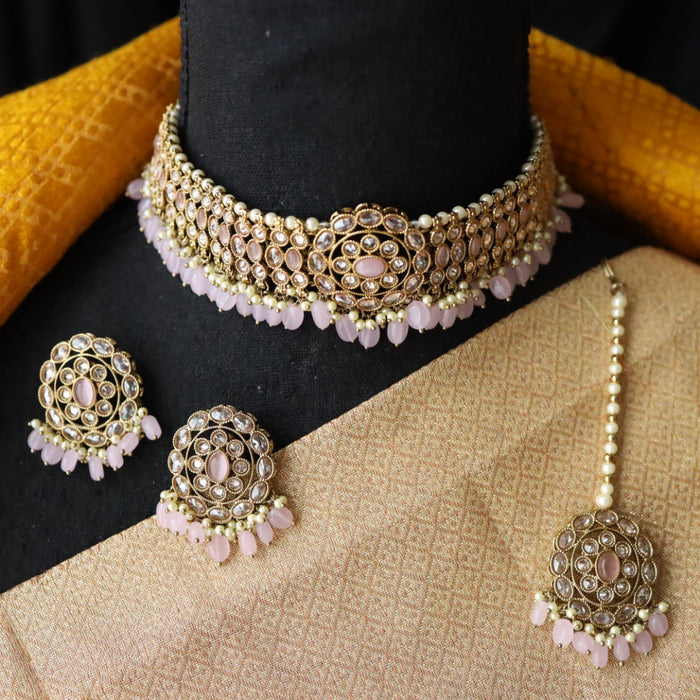 Trendy pink bead choker necklace with earrings and tikka 14854223