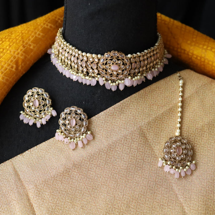 Trendy pink bead choker necklace with earrings and tikka 14854223