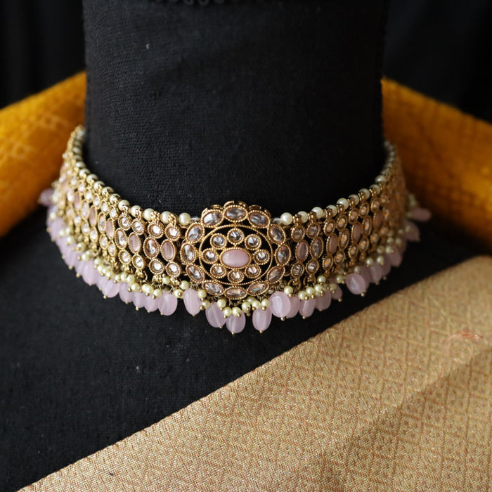 Trendy pink bead choker necklace with earrings and tikka 14854223