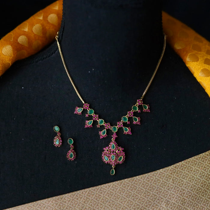 Antique ruby green stone short necklace and earrings 81466377