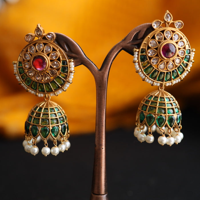 Antique green stone and pearl jumka earrings 124658