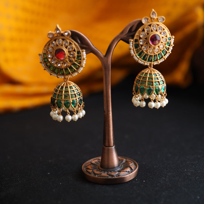 Antique green stone and pearl jumka earrings 124658