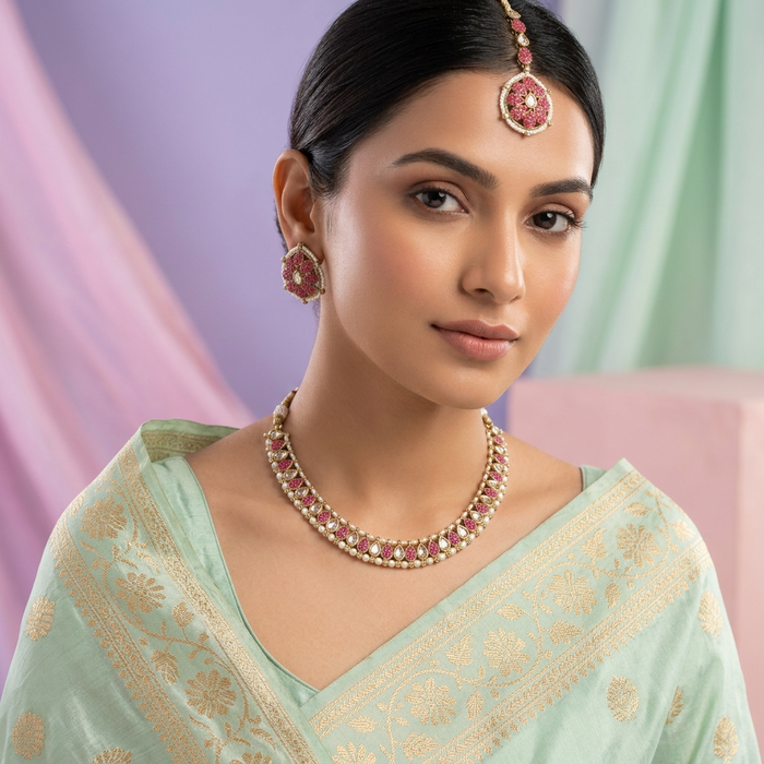 Trendy red bead short necklace with earrings and tikka TP222