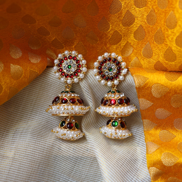 Antique gold ruby and pearl layer jumka earrings AJ7643