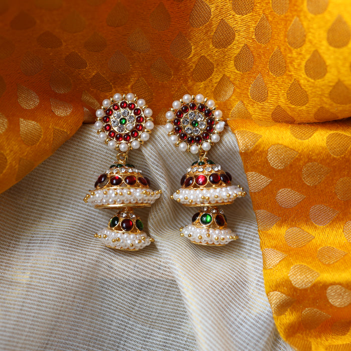 Antique gold ruby and pearl layer jumka earrings AJ7643