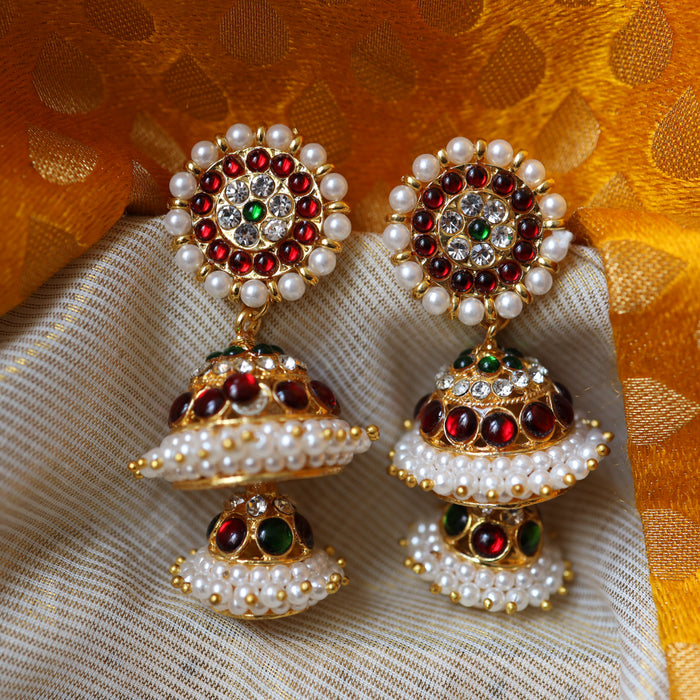 Antique gold ruby and pearl layer jumka earrings AJ7643