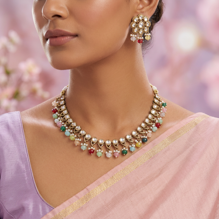 Trendy multi bead short necklace with earrings and tikka TM556