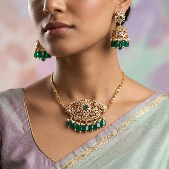 Antique green pearl choker necklace and earrings CCB109