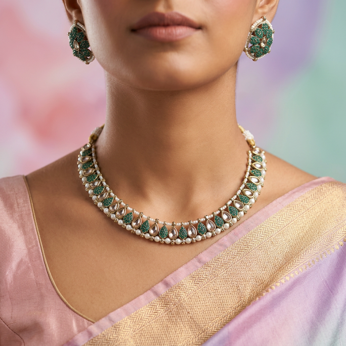 Trendy green bead simple short necklace with earrings and tikka TG78