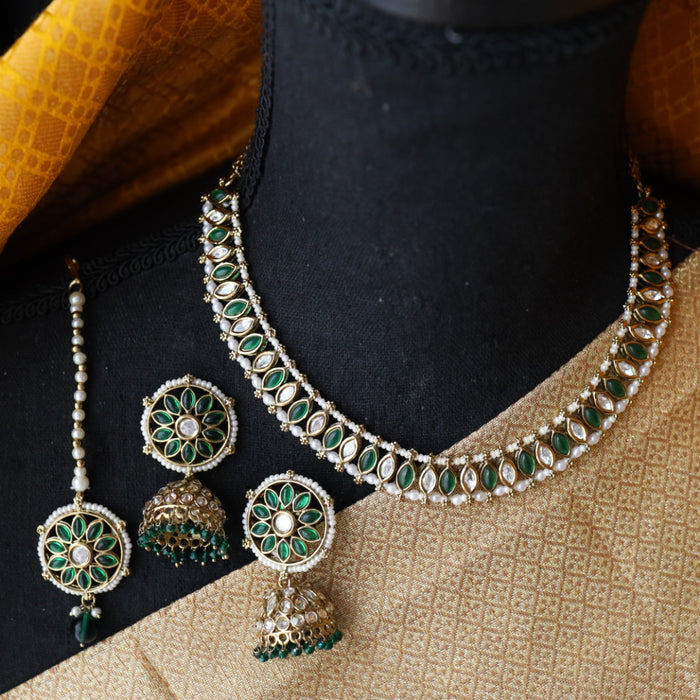 Trendy green stone short necklace with earrings and tikka 1485497811