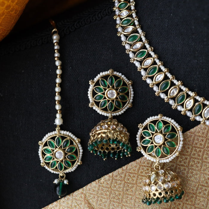 Trendy green stone short necklace with earrings and tikka 1485497811