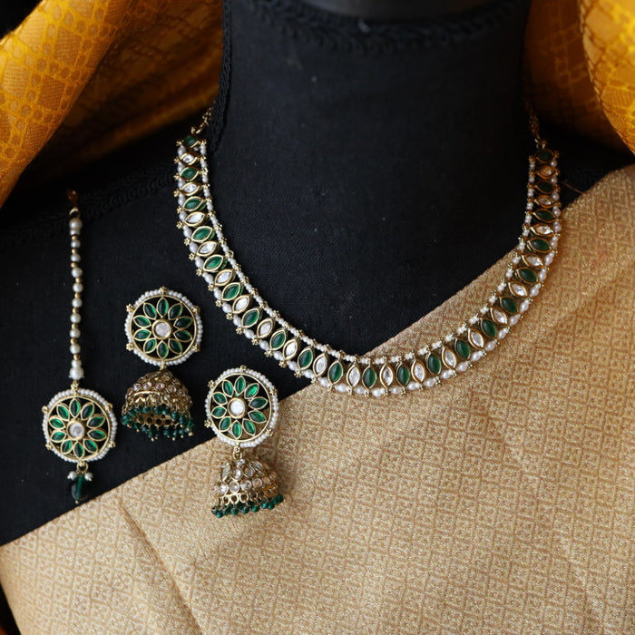 Trendy green stone short necklace with earrings and tikka 1485497811