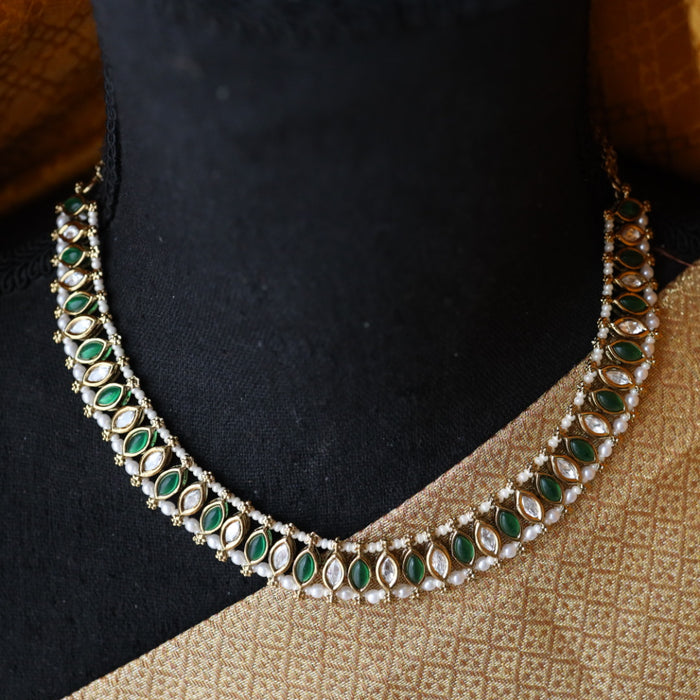 Trendy green stone short necklace with earrings and tikka 1485497811