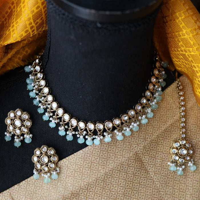 Trendy mint blue bead short necklace with earrings and tikka 14852444