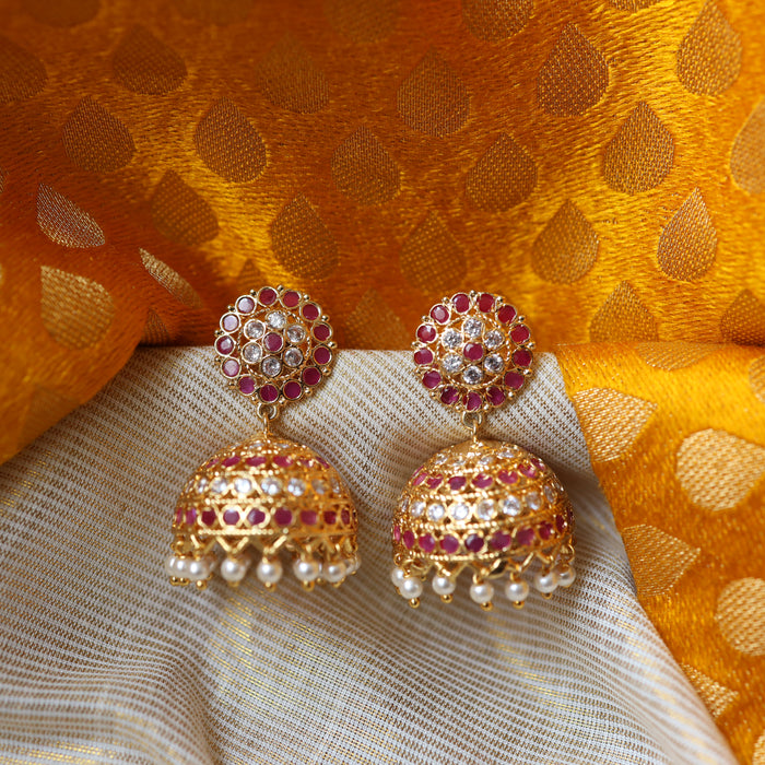 Antique gold ruby kemp stone jumka earrings 230234