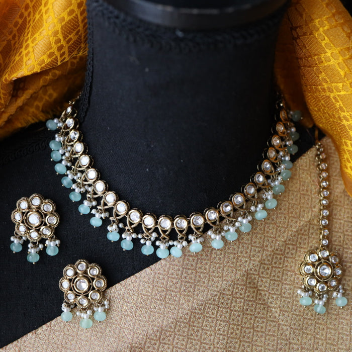 Trendy mint blue bead short necklace with earrings and tikka 14852444