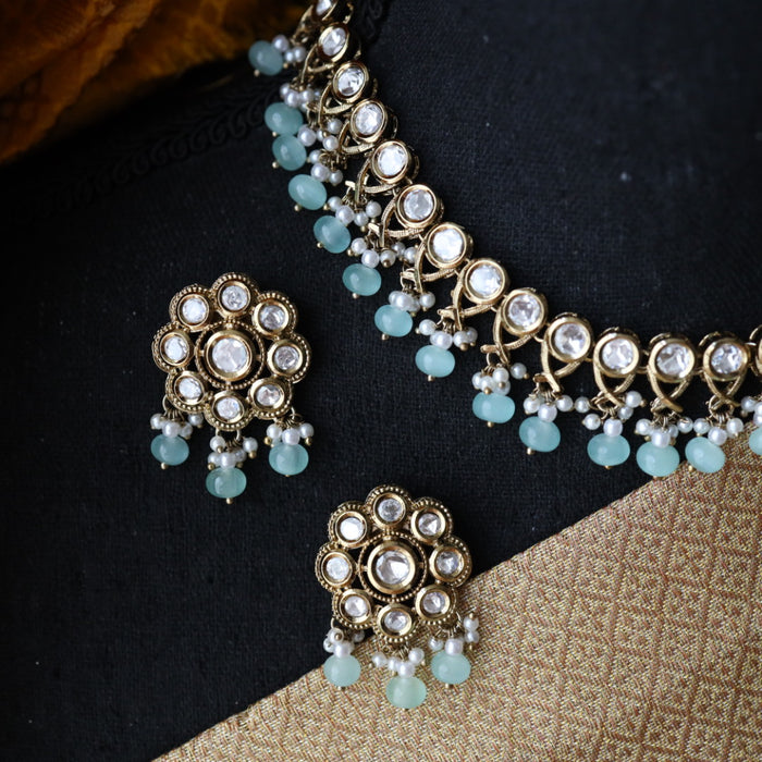 Trendy mint blue bead short necklace with earrings and tikka 14852444