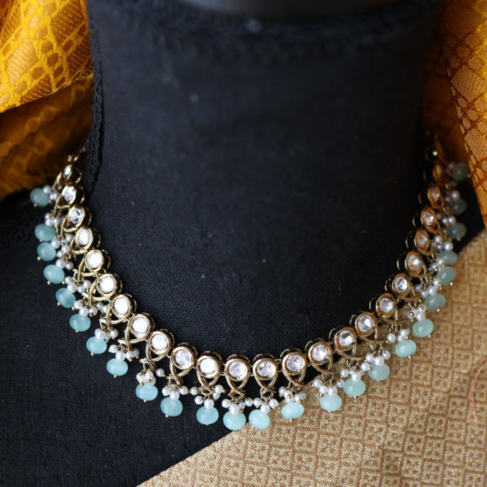 Trendy mint blue bead short necklace with earrings and tikka 14852444