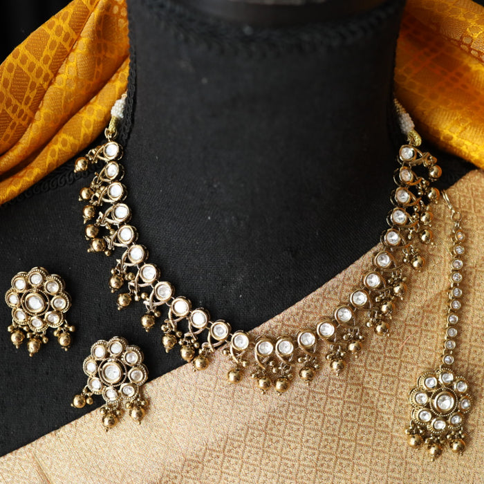 Trendy gold bead short necklace with earrings and tikka 1433223